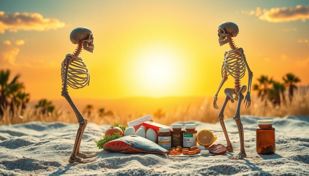 A sunny, vibrant landscape depicting the benefits of vitamin D3. In the foreground, a pair of contrasting skeletal structures - one frail and brittle, the other strong and healthy. In the middle ground, various food sources of D3 such as salmon, eggs, and supplements are arranged. The background features a warm, golden sun-drenched sky, reflecting the importance of natural sunlight exposure for this vital nutrient. The composition conveys the transformative power of vitamin D3 in supporting bone strength and overall well-being.