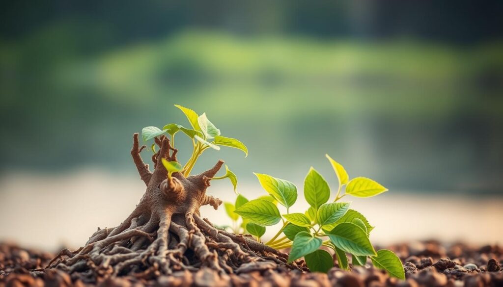A tranquil scene depicting the calming effects of ashwagandha. In the foreground, a cluster of the plant's gnarled roots and lush green leaves fill the frame, their intricate textures and natural hues conveying a sense of grounded vitality. The background softly blurs into a serene, out-of-focus landscape, evoking a peaceful, meditative atmosphere. Warm, diffused lighting gently bathes the scene, creating a soothing, therapeutic ambiance that reflects the stress-relieving properties of this ancient Ayurvedic herb. A tranquil scene depicting the calming effects of ashwagandha. In the foreground, a cluster of the plant's gnarled roots and lush green leaves fill the frame, their intricate textures and natural hues conveying a sense of grounded vitality. The background softly blurs into a serene, out-of-focus landscape, evoking a peaceful, meditative atmosphere. Warm, diffused lighting gently bathes the scene, creating a soothing, therapeutic ambiance that reflects the stress-relieving properties of this ancient Ayurvedic herb.