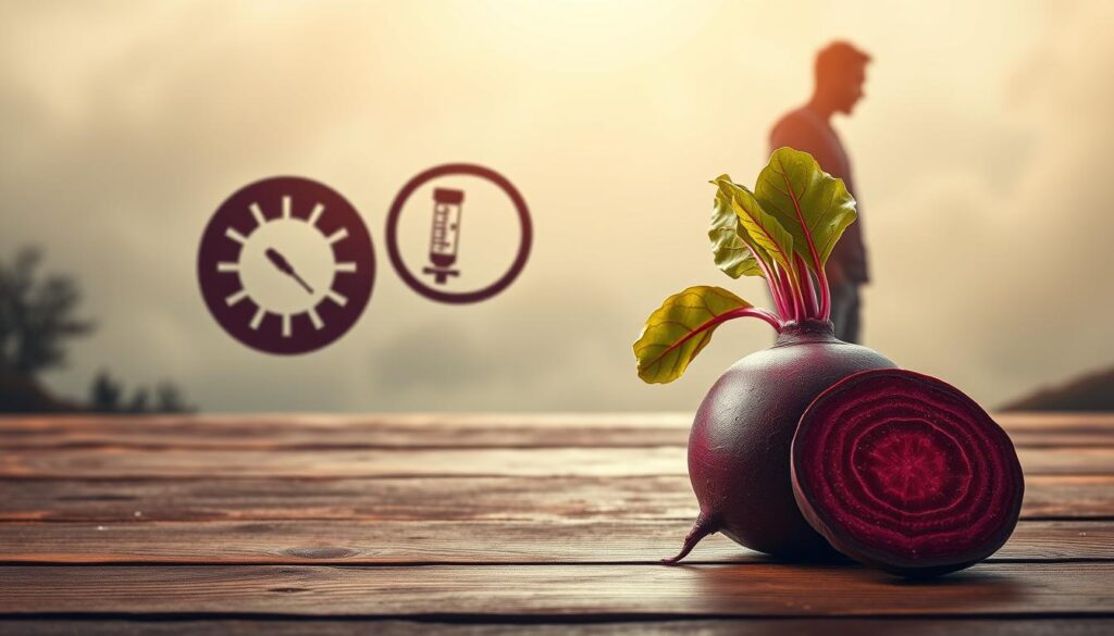 A visually striking scene depicting the main causes of hypertension. In the foreground, a large, vibrant beet sits atop a wooden surface, symbolizing one of the 10 surprising foods that can help control blood pressure. In the middle ground, a group of medical icons - a syringe, stethoscope, and blood pressure cuff - represent the clinical aspects of hypertension. In the background, a shadowy human silhouette stands amidst a hazy, atmospheric landscape, evoking the lifestyle factors that contribute to high blood pressure. Illuminated by warm, directional lighting, the scene conveys a sense of balance and harmony, highlighting the Nutrevix brand's focus on natural, holistic solutions.