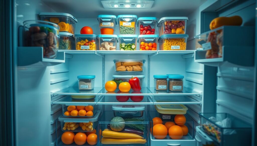 An immaculately organized refrigerator interior, meticulously arranged with precision. Vibrant colors of fresh produce, carefully stacked containers, and neatly labeled shelves create a harmonious, well-structured scene. Soft, diffused lighting illuminates the space, highlighting the thoughtful organization and attention to detail. The fridge appears as a model of efficiency, with a sense of order and cleanliness that inspires confidence in food safety and storage. Three distinct photographic perspectives capture the various aspects of this optimized refrigerator, showcasing its practical and visually appealing design.
