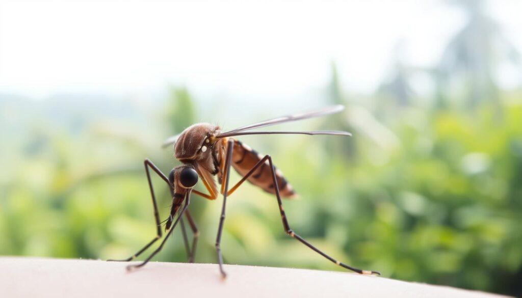 Detailed close-up of the Aedes aegypti mosquito, its compound eyes and segmented body captured with a macro lens under soft, diffused lighting against a clean, bright background. The mosquito is positioned prominently in the foreground, with a tropical landscape of lush foliage and vegetation blurred in the middle and background, suggesting the global reach and threat of the diseases it carries. The overall mood is one of scientific examination and the gravity of the public health crisis posed by these emerging arboviral infections. Detailed close-up of the Aedes aegypti mosquito, its compound eyes and segmented body captured with a macro lens under soft, diffused lighting against a clean, bright background. The mosquito is positioned prominently in the foreground, with a tropical landscape of lush foliage and vegetation blurred in the middle and background, suggesting the global reach and threat of the diseases it carries. The overall mood is one of scientific examination and the gravity of the public health crisis posed by these emerging arboviral infections.