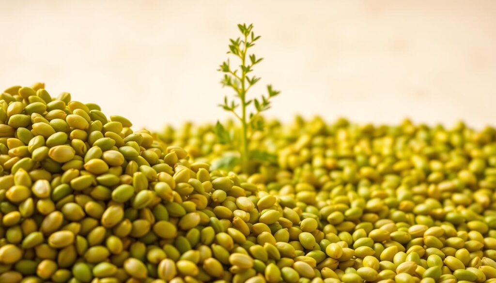 Detailed close-up of vibrant green fenugreek seeds, their intricate textural patterns and hues prominently featured against a crisp, light background. In the middle ground, a lush, flourishing fenugreek plant stands tall, its delicate leaves and stems unfurling gracefully. The overall scene is bathed in warm, natural lighting, evoking the rich heritage and ancient medicinal uses of this revered herb. Detailed close-up of vibrant green fenugreek seeds, their intricate textural patterns and hues prominently featured against a crisp, light background. In the middle ground, a lush, flourishing fenugreek plant stands tall, its delicate leaves and stems unfurling gracefully. The overall scene is bathed in warm, natural lighting, evoking the rich heritage and ancient medicinal uses of this revered herb.