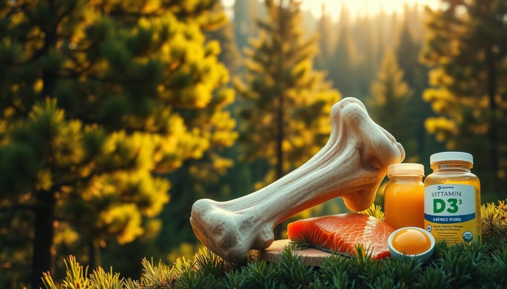 Lush, verdant landscape bathed in warm, golden sunlight. Towering pine trees frame the scene, their verdant foliage casting soft shadows. In the foreground, a pair of contrasting bone structures - one brittle and fragile, the other strong and dense. Alongside, vibrant food sources of vitamin D3 including salmon fillets, egg yolks, and a nutritional supplement bottle. The composition conveys the importance of sunlight, diet, and supplementation in maintaining healthy, robust bones. The overall atmosphere is one of vitality, health, and the rejuvenating power of nature.